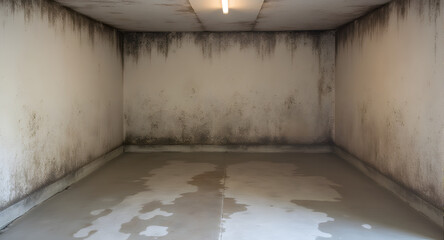 Damp Room with Moldy Walls and Wet Floor