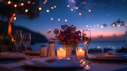 Obraz premium Romantic Valentine dinner date, a table set for two under a starlit sky with candles and floral centerpieces