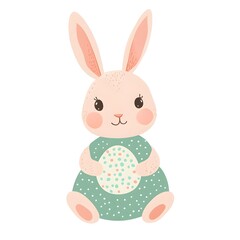 Obraz premium Cute Flat Vector Bunny Holding Easter Egg – Minimalist Illustration in Green Polka Dot Dress