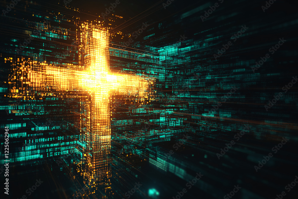 Poster illuminated golden cross on a digital teal and black grid background, showcasing futuristic technolo