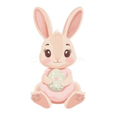 Fototapeta premium Cute Flat Vector Bunny Holding Easter Egg – Minimalist Illustration in Pink Polka Dot Dress 