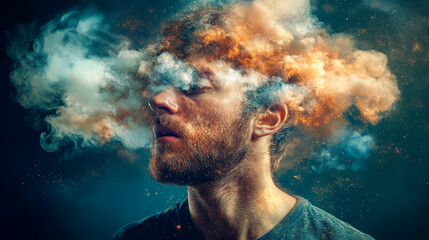 Toxic fumes engulfing man's head, brain fog concept