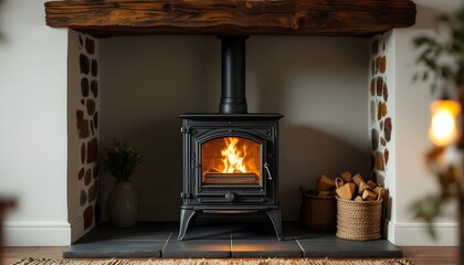 A small cast-iron wood stove placed in a charming countryside cottage. The stove’s matte black surface shows fine details of its vintage design, from intricate embossing to the delicate hing