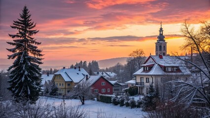 Fototapeta premium Winter Village Skyline Silhouette, Christmas Rural Scene, Snow Covered Houses
