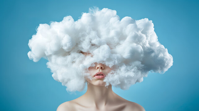 Beautiful young woman with white cloud engulfing her head. Studio shot on blue background. Brain fog concept