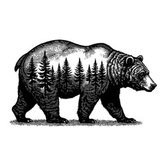 Fototapeta premium Walking Bear with Forest Landscape Silhouette Inside Black and White Outline Line Art Drawing