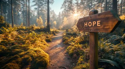 Obraz premium Pathway in summer forest, rustic wooden sign with the word Hope