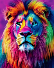 A vibrant neon colored portrait of a lion