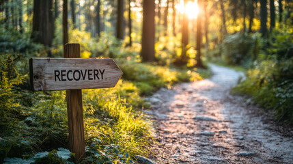 Trail in beautiful summer forest, wooden sign reading Recovery