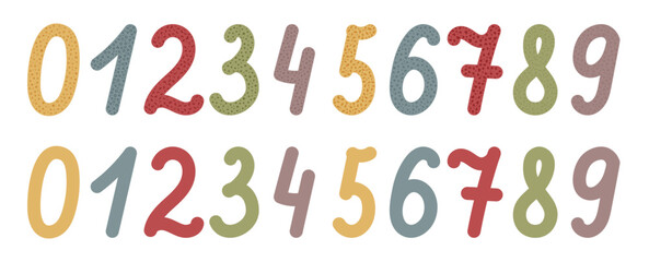 Numbers 0, 1, 2, 3, 4, 5, 6, 7, 8, 9. Set of hand drawn number, star, circle, bow, rhombus, square, leaf, snowflake, heart, note, slice
