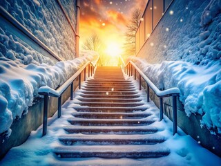 Fototapeta premium Winter Wonderland Staircase: Snow Covered Steps Leading Upwards