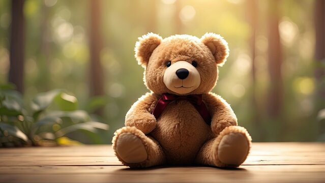 A plush teddy bear with a brown body, dark nose