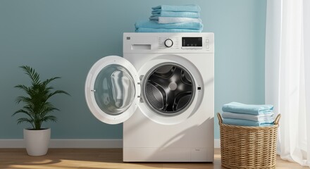 A bright and cozy laundry room featuring a modern white front loading washing machine with its door open