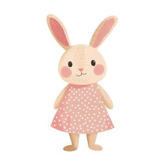 Cute Flat Vector Bunny Standing Upright in Pink Polka Dot Dress &ndash; Minimalist Playful Illustration on White Background