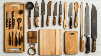 collection of wooden cutting boards and various kitchen knives arranged neatly, showcasing craftsmanship and functionality in culinary tools