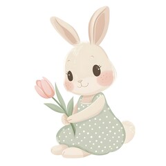 Fototapeta premium Cute Flat Vector Bunny Holding Pink Tulip – Minimalist Illustration in Green Polka Dot Dress on White Background