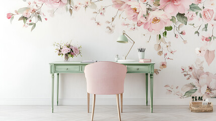 Pastel pink floral wall decor adorns a feminine workspace, complete with a light green desk and pink chair.