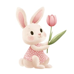 Obraz premium Cute Flat Vector Bunny Holding Pink Tulip – Minimalist Illustration in Polka Dot Dress on White Background