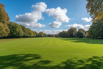 Obraz premium Lush Green Park Landscape Under Bright Blue Sky and Fluffy Clouds