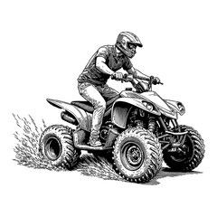 Naklejka premium Man Riding Quad Bike Motor with Helmet in Black and White Outline Line Art Drawing Style