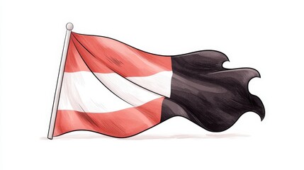 Waving Flag Design Featuring Red, White, and Black Colors in a Stylized Artistic Illustration
