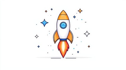 Colorful Rocket Illustration with Bright Flames and Sparkles for Creative Designs and Projects