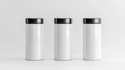 Three Minimalistic White Containers with Black Lids on a Light Background