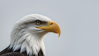 Obraz premium Majestic Bald Eagle Close-Up with Piercing Yellow Eye Against a Light Gray Background