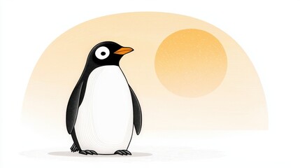 Fototapeta premium Cute cartoon penguin character standing against a warm yellow circle representing sun and warmth