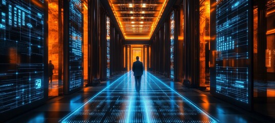 Man Walks Through Futuristic Server Room with Glowing Grid Lines, Data Streams Flowing on Walls