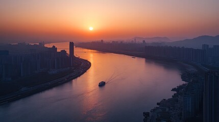 Fototapeta premium Golden sunset over the river with city skyline in the background view from above