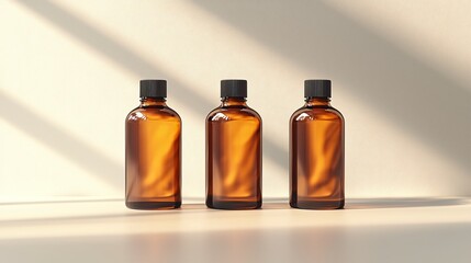 Brown Glass Bottles with Black Caps on Soft Surface with Natural Light