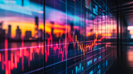 Colorful stock market charts reflect a vibrant sunset over a city skyline in this engaging financial setting