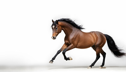 Obraz premium Majestic Brown Horse Galloping with Flowing Black Mane on Solid White Background