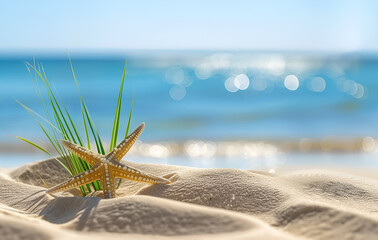 Fototapeta na wymiar Rozgwiazda na piaszczystej plaży z widokiem na błękitne morze.