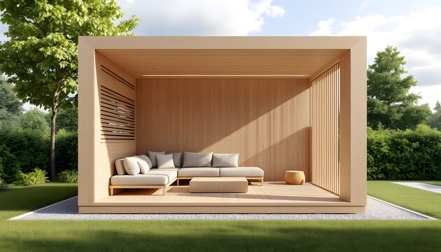 A modern, minimalist gazebo made of smooth, light-colored wood and clean, straight lines. The structure features an open, rectangular design, with horizontal slats along the sides that allow