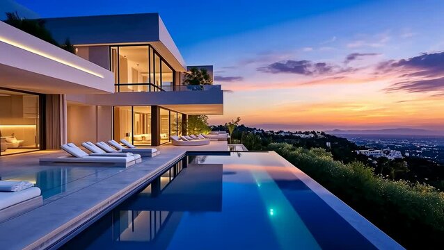 Luxurious villa overlooks scenic sunset landscape. Elegant outdoor seating by infinity pool. Sophisticated architecture blending with nature. Serene evening at a stylish home. Perfect setting for