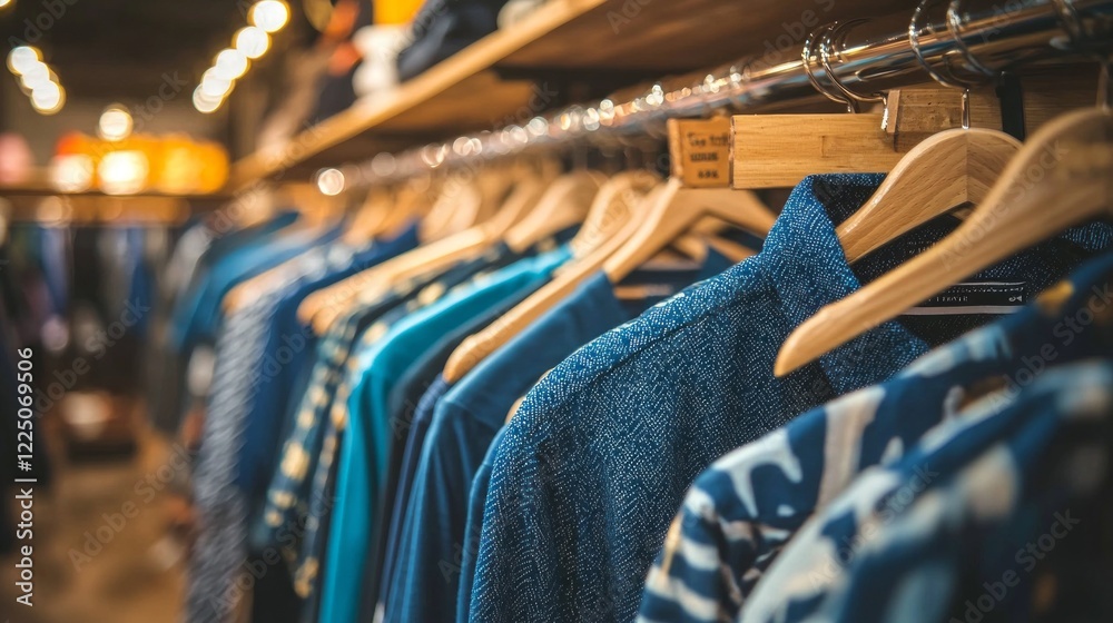 Poster Neatly ironed blue and white shirts hang in orderly rows, showcasing a range of patterns and styles in a vibrant boutique. Soft lighting enhances the inviting atmosphere as customers browse