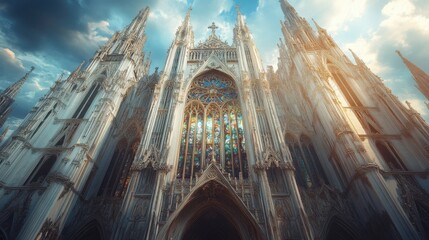 Majestic gothic cathedral facade urban cityscape architectural photography dramatic lighting low angle awe-inspiring design