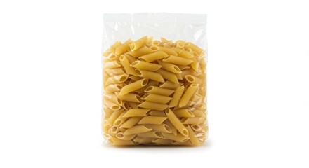 Penne Pasta in Clear Plastic Bag Isolated on White Background