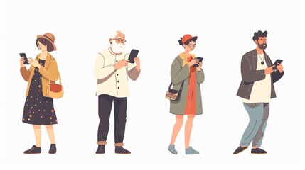 Obraz premium Diverse Group of People Using Smartphones - Youth and Senior Characters Communication Technology