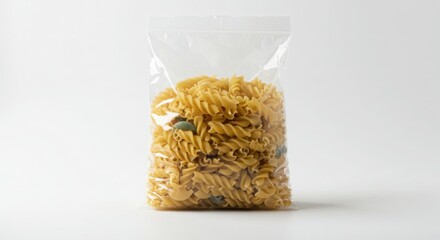 Fusilli Pasta in Clear Plastic Bag on White Background