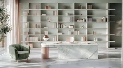 Serene home office with marble desk,  sage green accents, and ample built-in shelving.