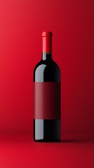 Fototapeta premium A sleek, dark wine bottle with a red cap stands against a vibrant red background, emphasizing elegance and sophistication.