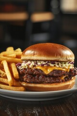 This appetizing cheeseburger features a juicy beef patty, crispy slaw, and melted cheese, served with a side of perfectly golden French fries for an indulgent meal.