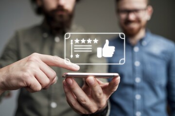 Two Men Reviewing Product Feedback On Mobile Device