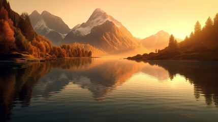 Fototapeta premium Golden Sunrise Mountain Lake Autumn Landscape Peaceful Nature Scenery Breathtaking View Tranquil 