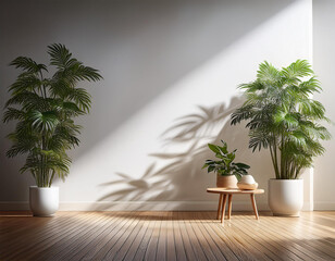 Fototapeta premium Modern Living room,interior background,ornamental plants on empty wall