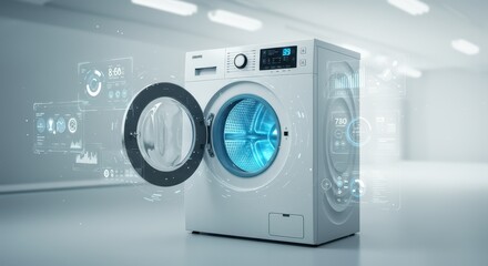 A futuristic depiction of a smart washing machine in a clean high tech setting