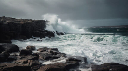 Obraz premium Dramatic Ocean Waves Crashing Powerful Rocks Dramatic Seascape Grey Sky Blue Dark Wild View Water 